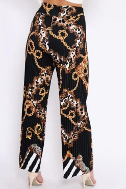 Rebellious Fashion Black Chain Pleated Wide Leg Trousers - Neola