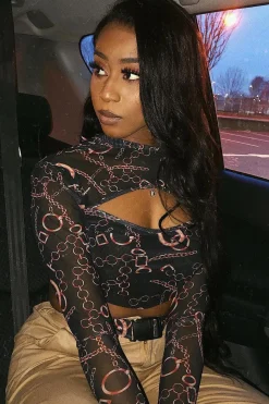 Rebellious Fashion Black Chain Print Cut Out Mesh Buckle Crop Top - Tionne