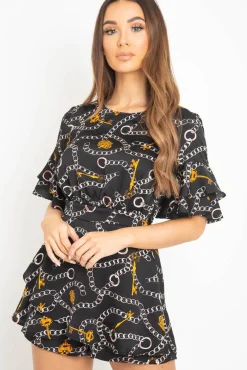 Rebellious Fashion Black Chain Print Ruffle Sleeve Playsuit - Parrish