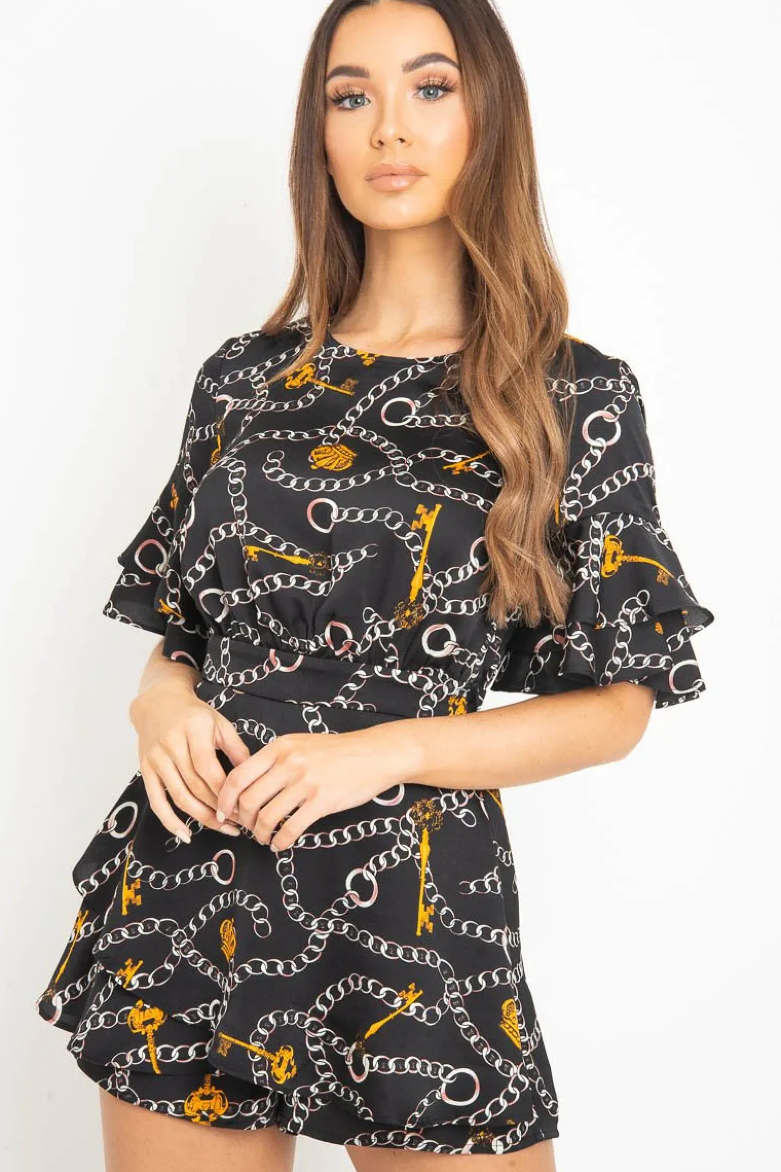 Rebellious Fashion Black Chain Print Ruffle Sleeve Playsuit - Parrish
