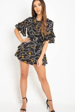 Rebellious Fashion Black Chain Print Ruffle Sleeve Playsuit - Parrish