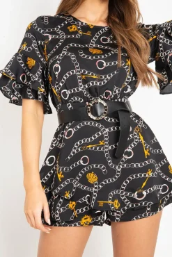 Rebellious Fashion Black Chain Print Ruffle Sleeve Playsuit - Parrish