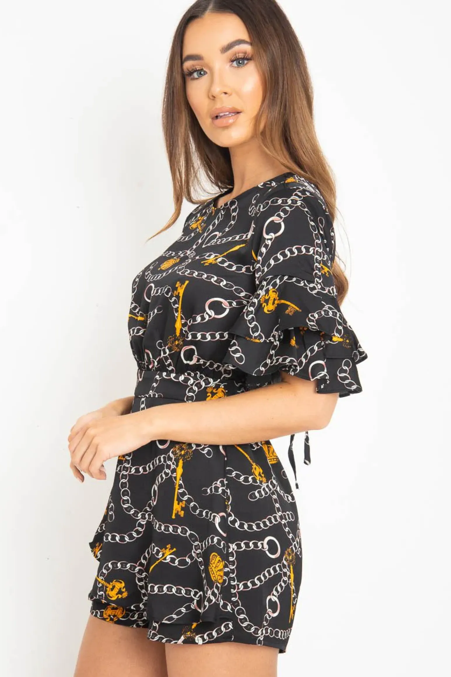Rebellious Fashion Black Chain Print Ruffle Sleeve Playsuit - Parrish