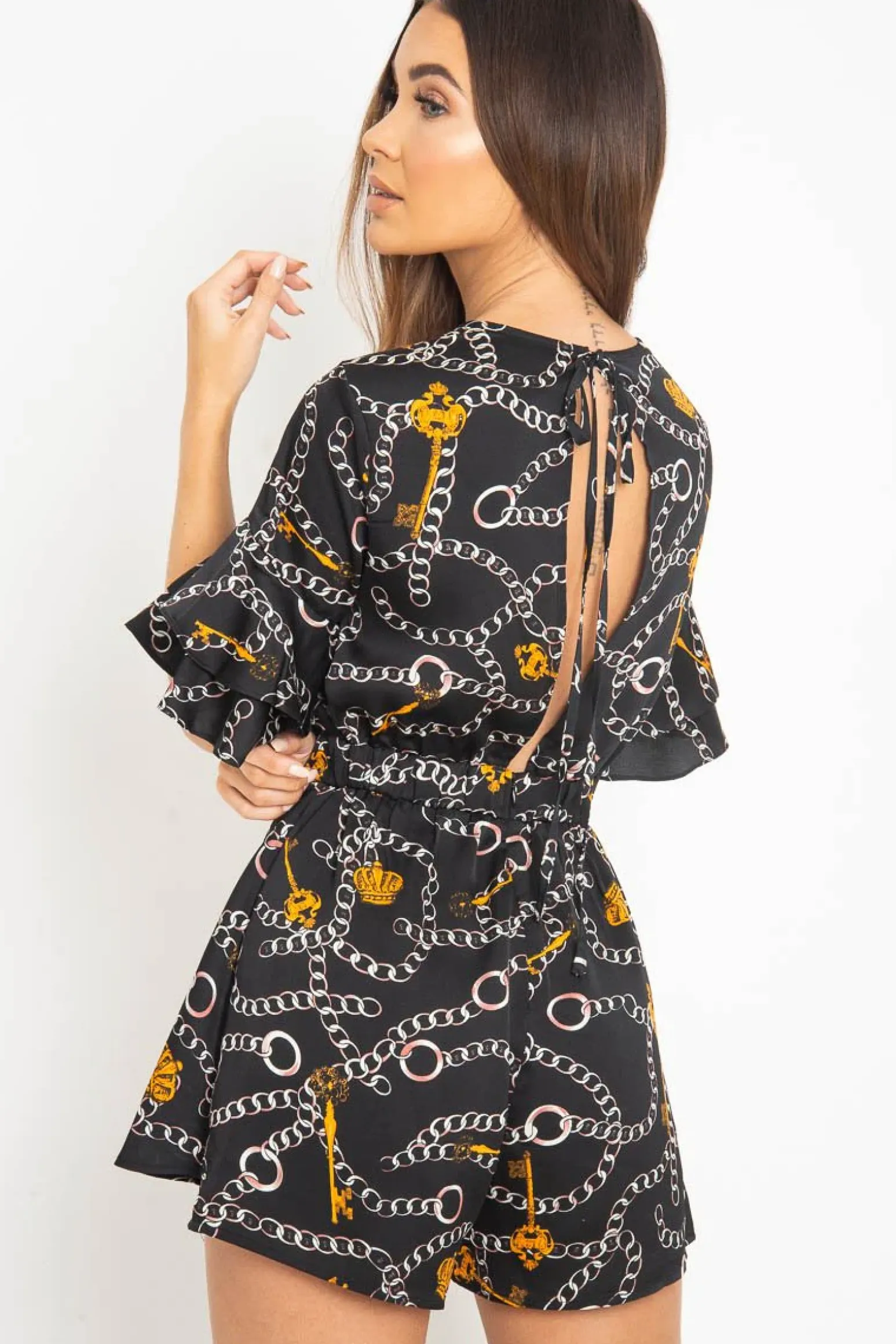 Rebellious Fashion Black Chain Print Ruffle Sleeve Playsuit - Parrish