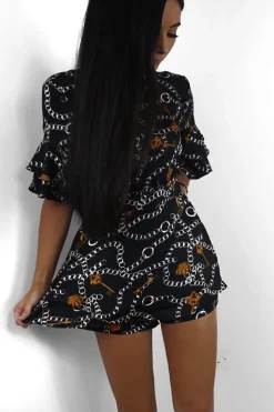 Rebellious Fashion Black Chain Print Ruffle Sleeve Playsuit - Parrish