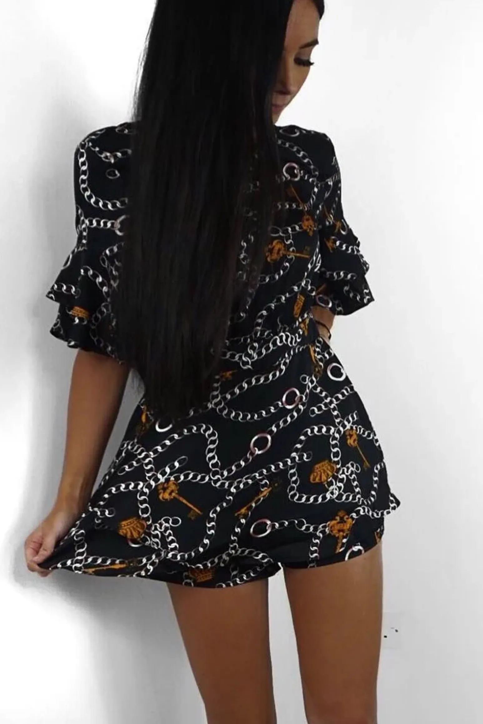 Rebellious Fashion Black Chain Print Ruffle Sleeve Playsuit - Parrish