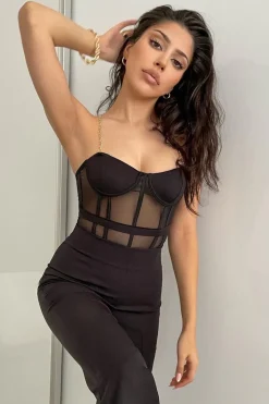 Rebellious Fashion Black Chain Straps Mesh Cut Out Bodysuit - Aari