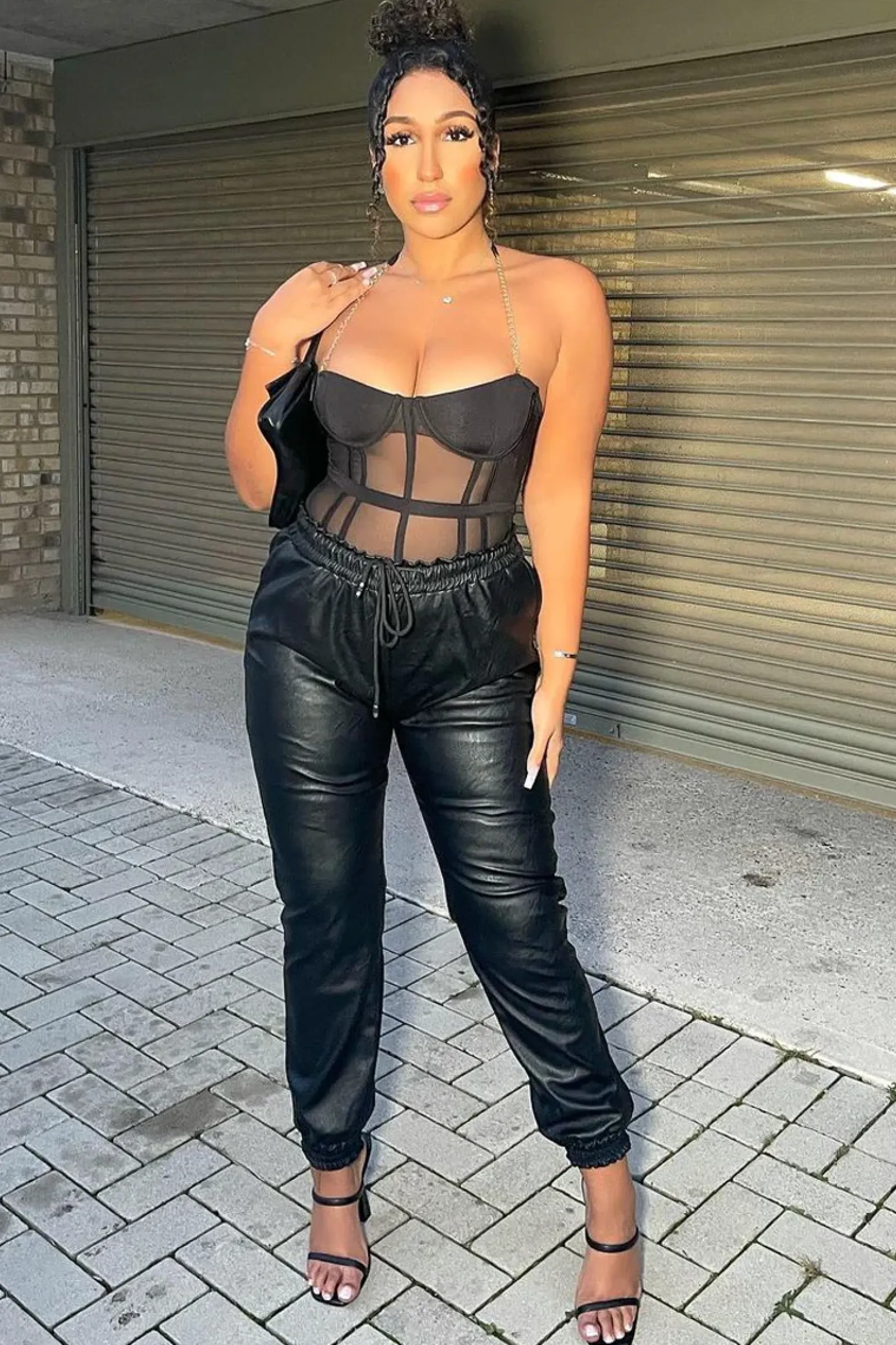Rebellious Fashion Black Chain Straps Mesh Cut Out Bodysuit - Aari