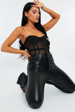Rebellious Fashion Black Chain Straps Mesh Cut Out Bodysuit - Aari