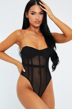 Rebellious Fashion Black Chain Straps Mesh Cut Out Bodysuit - Aari