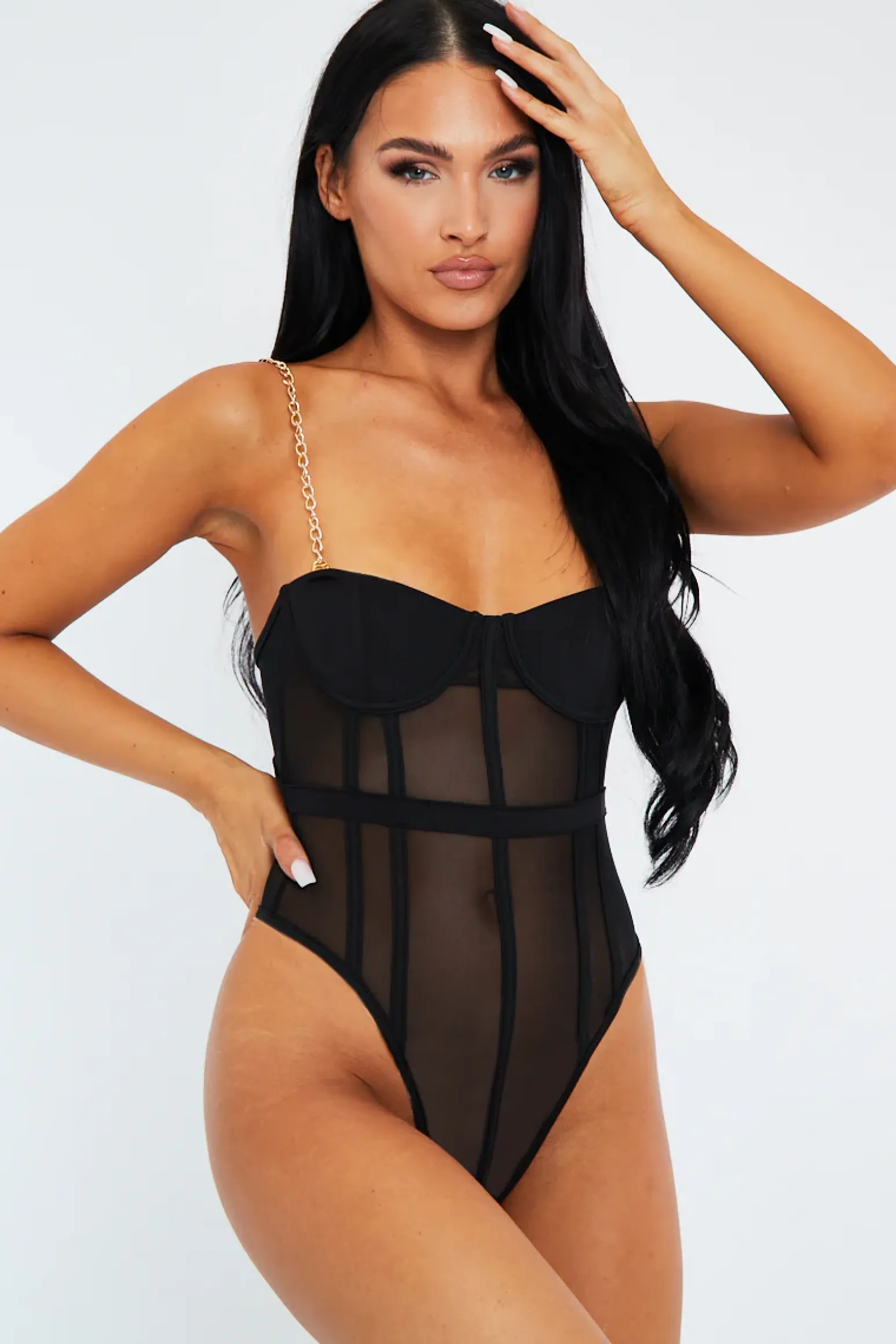 Rebellious Fashion Black Chain Straps Mesh Cut Out Bodysuit - Aari