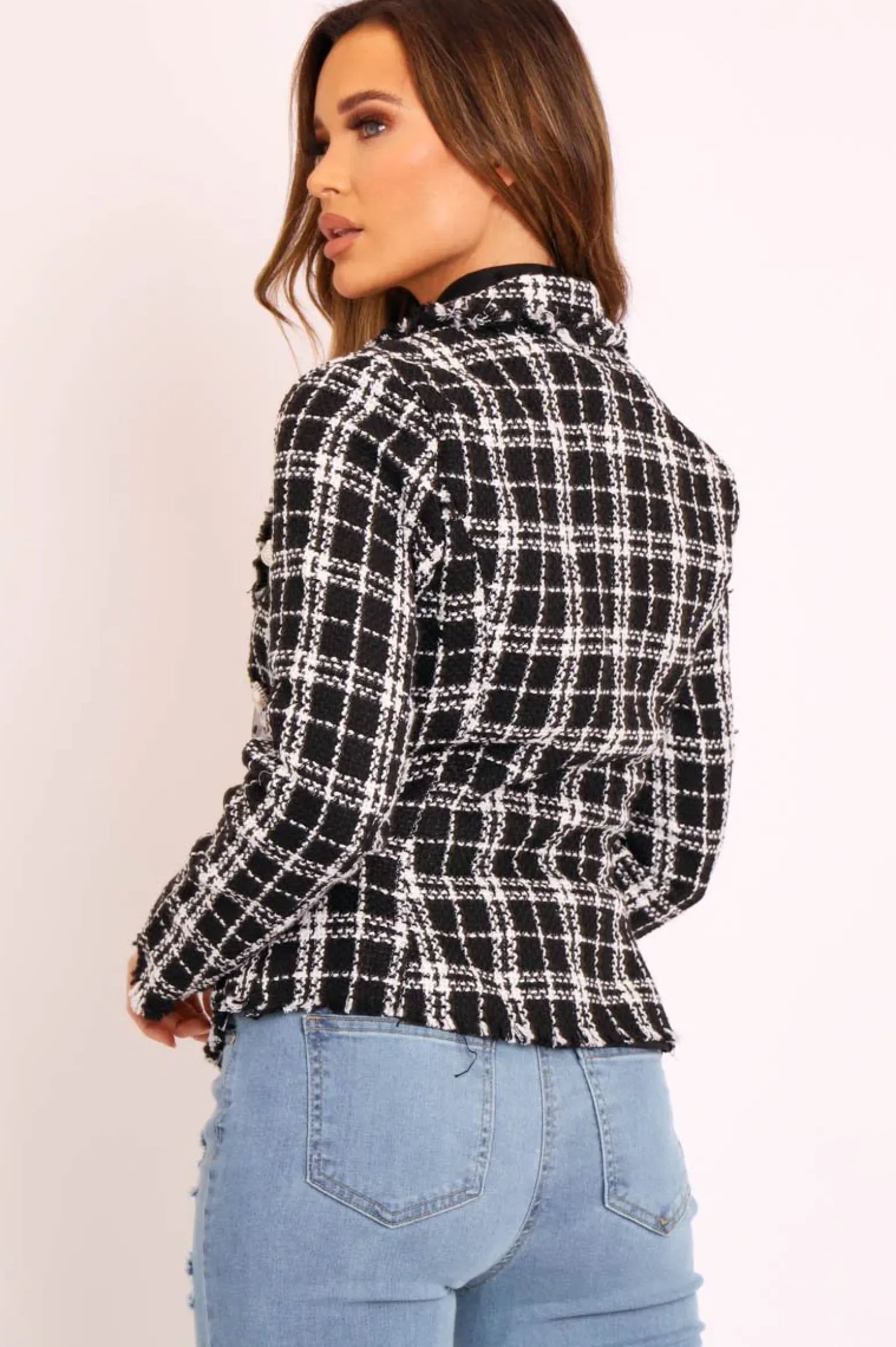 Rebellious Fashion Black Check Boucle Double Breasted Blazer - Suri