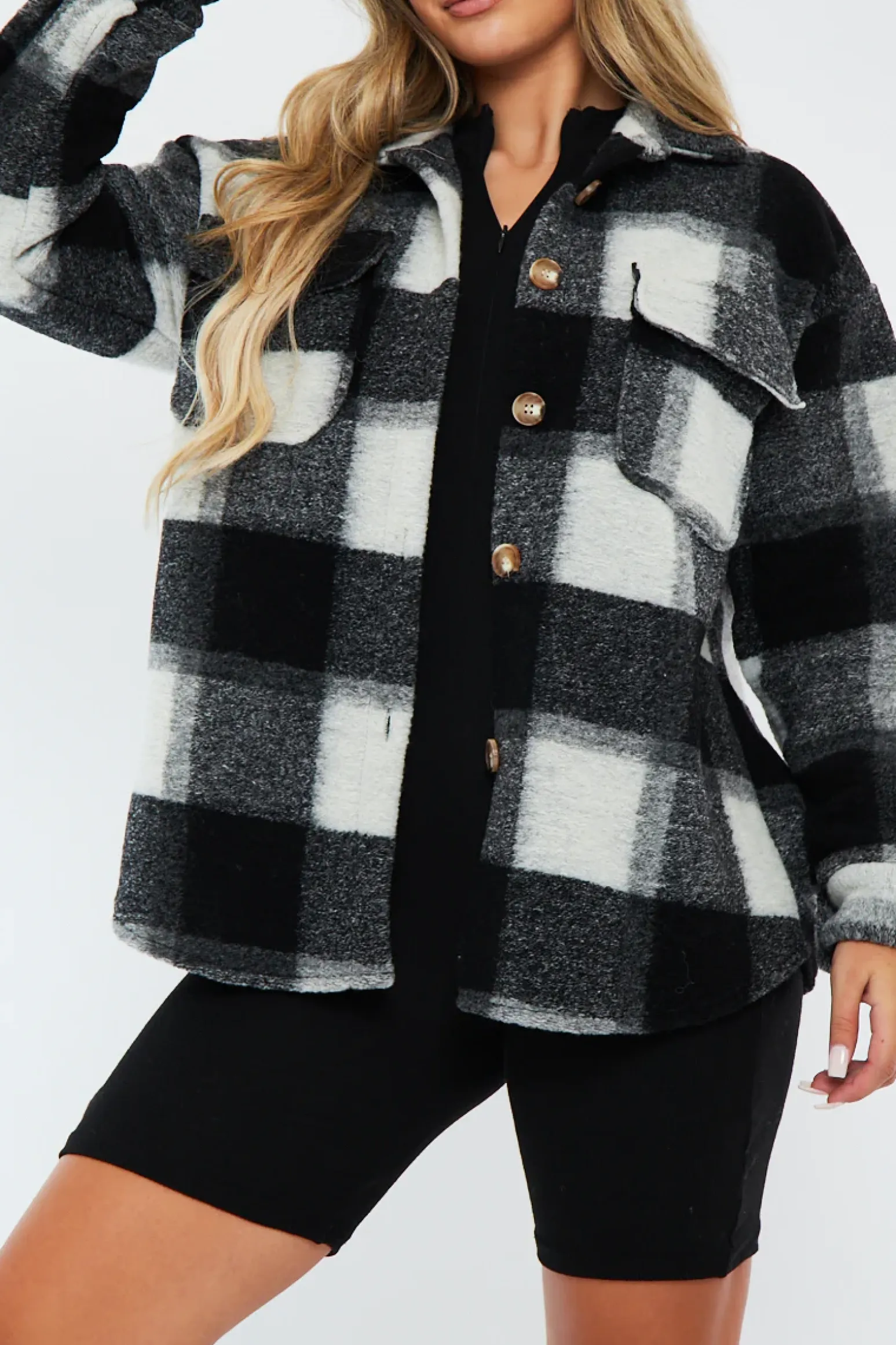 Rebellious Fashion Black Checked Brushed Pocket Front Shacket - Peggy