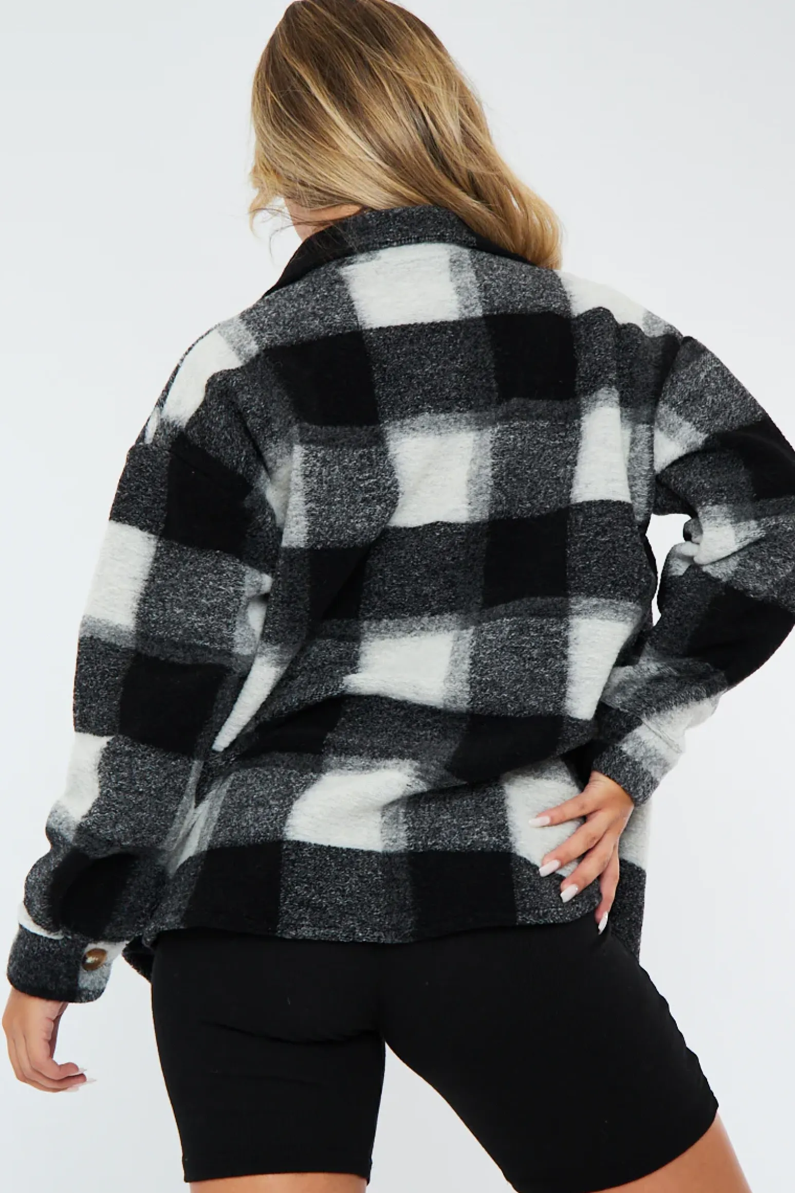 Rebellious Fashion Black Checked Brushed Pocket Front Shacket - Peggy