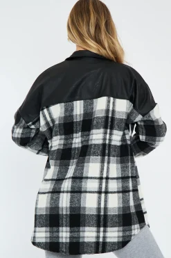 Rebellious Fashion Black Checked Leather Contrast Pocket Front Shacket - Ciana