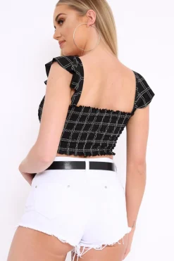 Rebellious Fashion Black Checked Smocked Frill Crop Top - Lenni