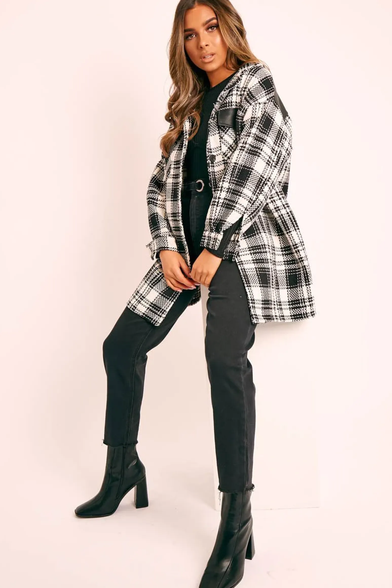 Rebellious Fashion Black Check Faux Leather Panel Oversized Shirt - Breah