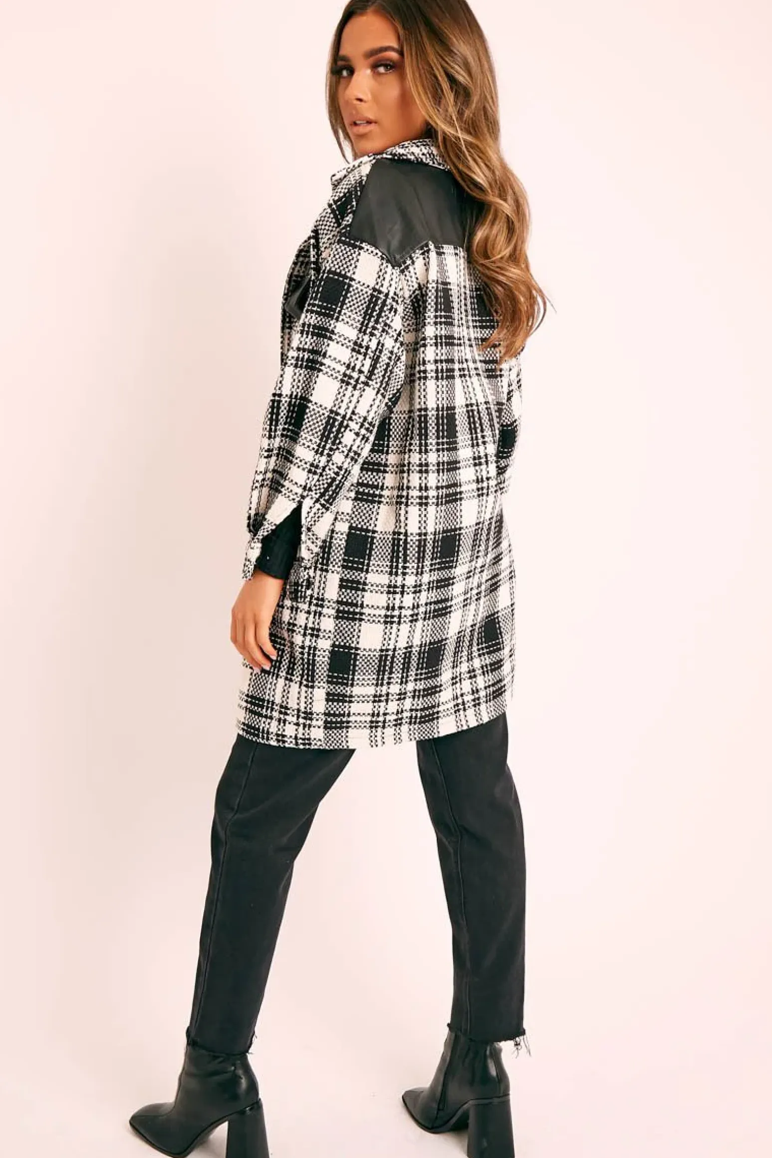 Rebellious Fashion Black Check Faux Leather Panel Oversized Shirt - Breah
