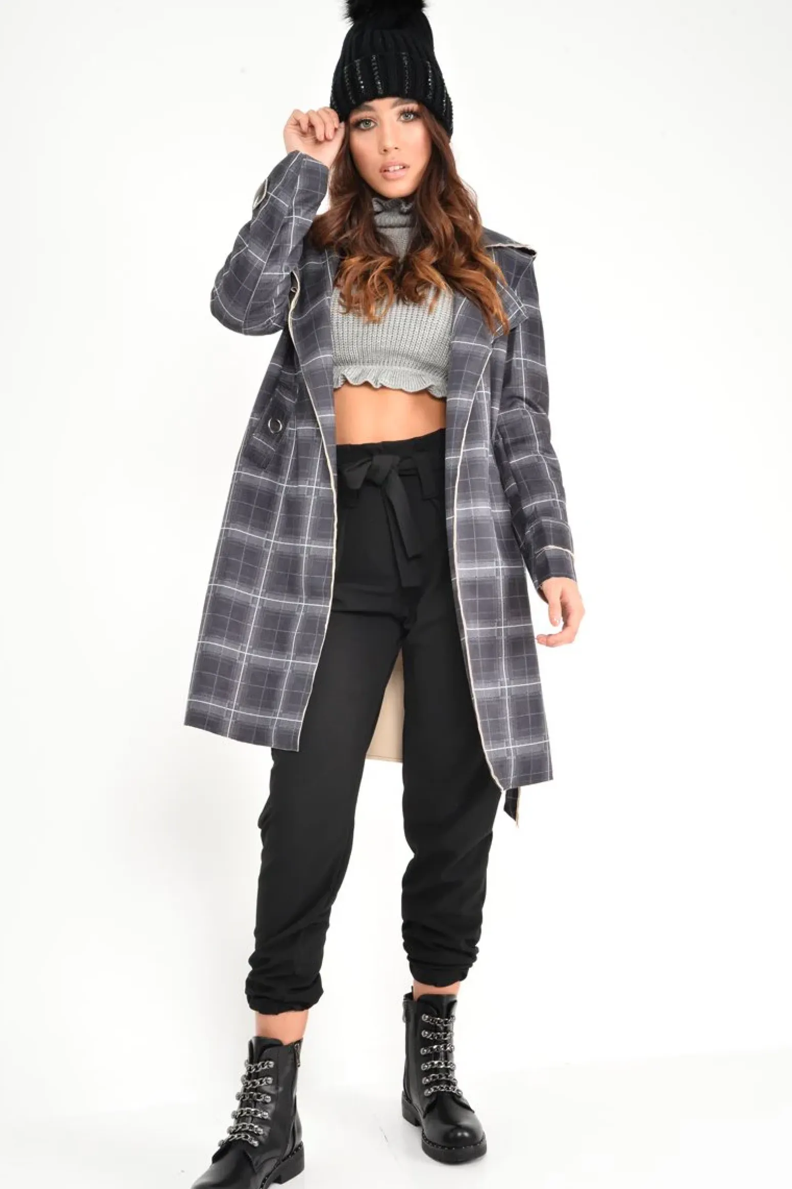 Rebellious Fashion Black Check Faux Suede Eyelet Detail Trench Coat - Safiyya