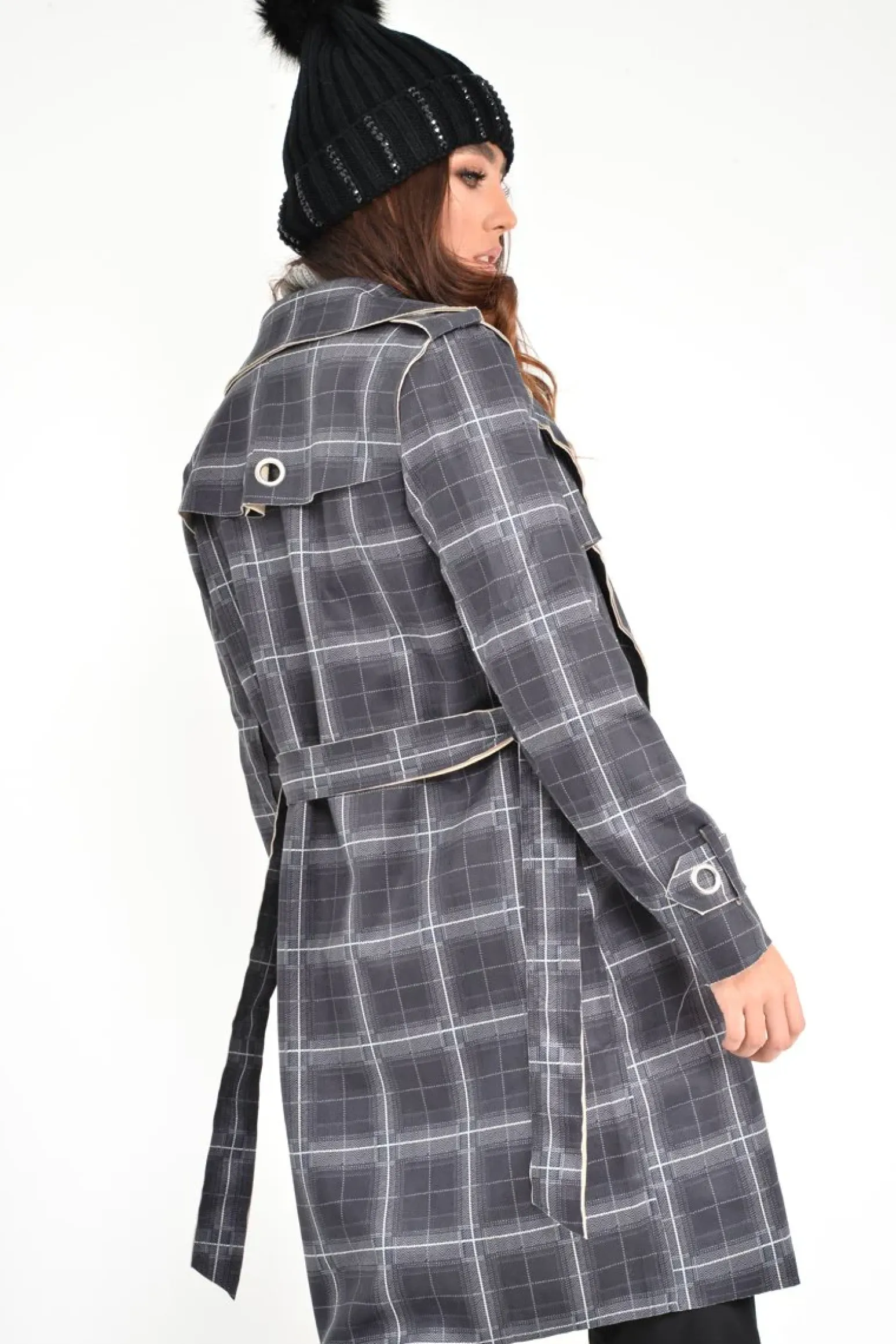Rebellious Fashion Black Check Faux Suede Eyelet Detail Trench Coat - Safiyya