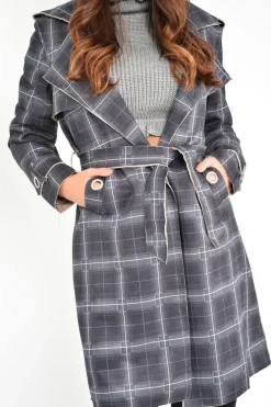 Rebellious Fashion Black Check Faux Suede Eyelet Detail Trench Coat - Safiyya