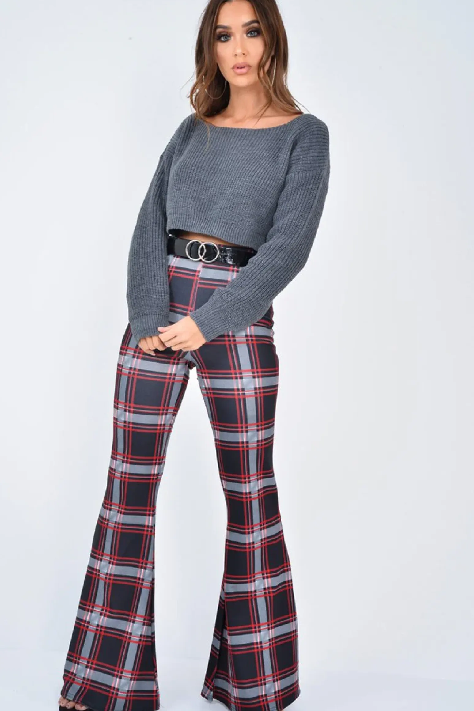 Rebellious Fashion Black Check High Waist Flared Trousers - Cherie