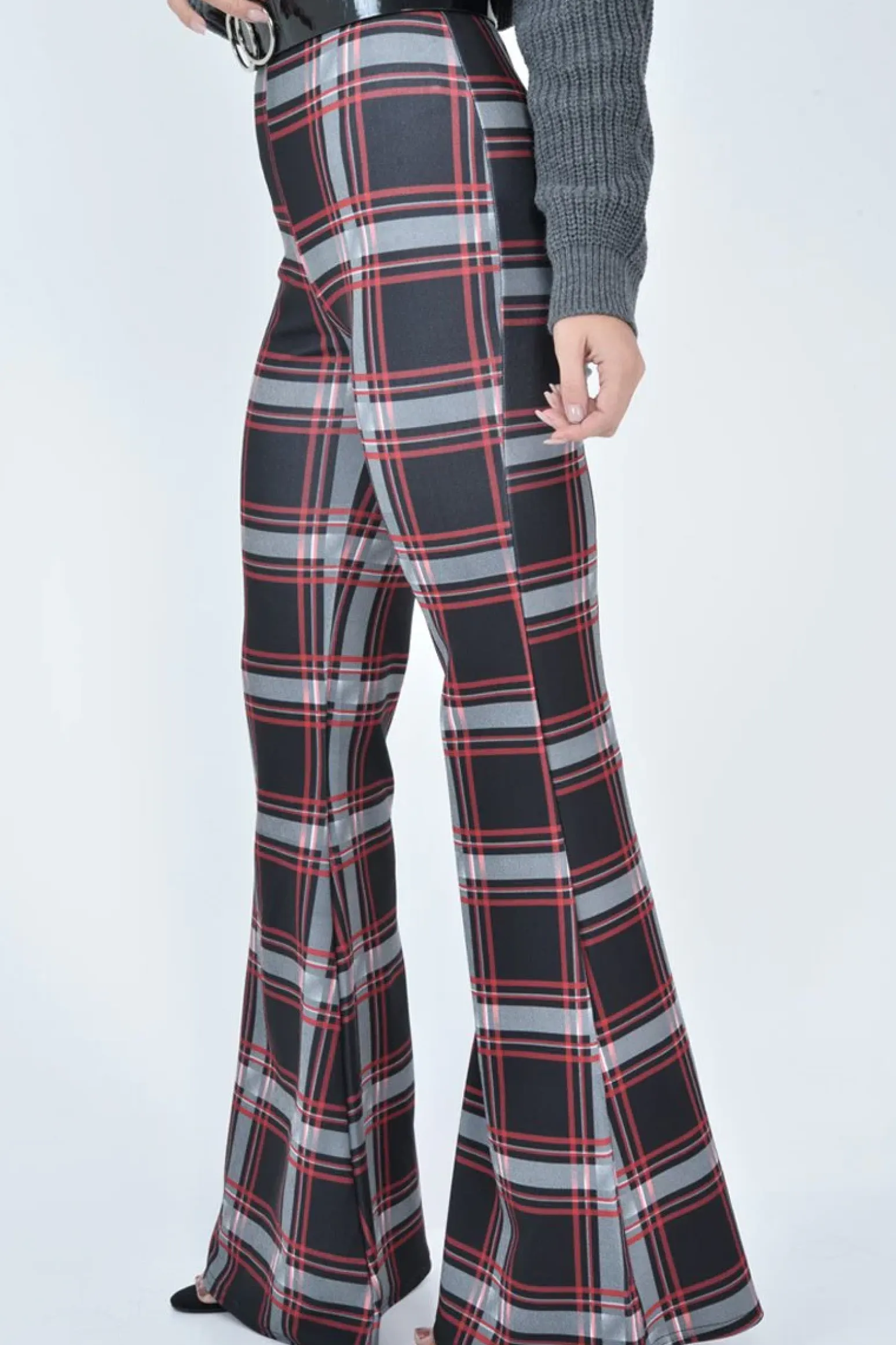 Rebellious Fashion Black Check High Waist Flared Trousers - Cherie