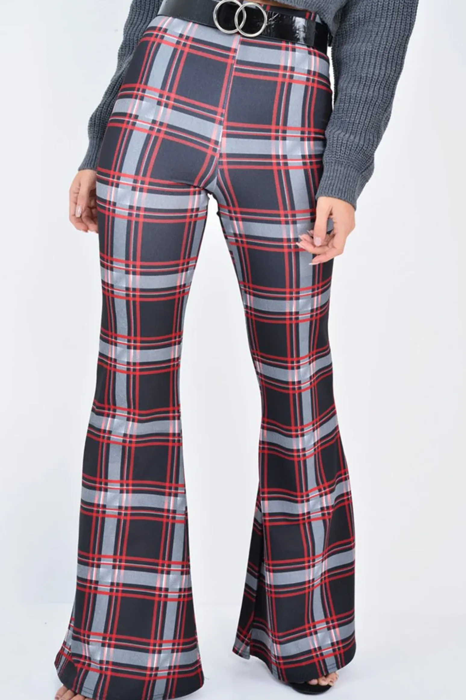 Rebellious Fashion Black Check High Waist Flared Trousers - Cherie