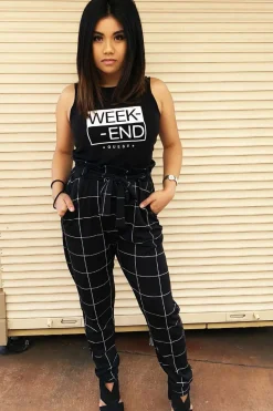 Rebellious Fashion Black Check Paper Bag Tie Waist Cigarette Trousers - Karmen