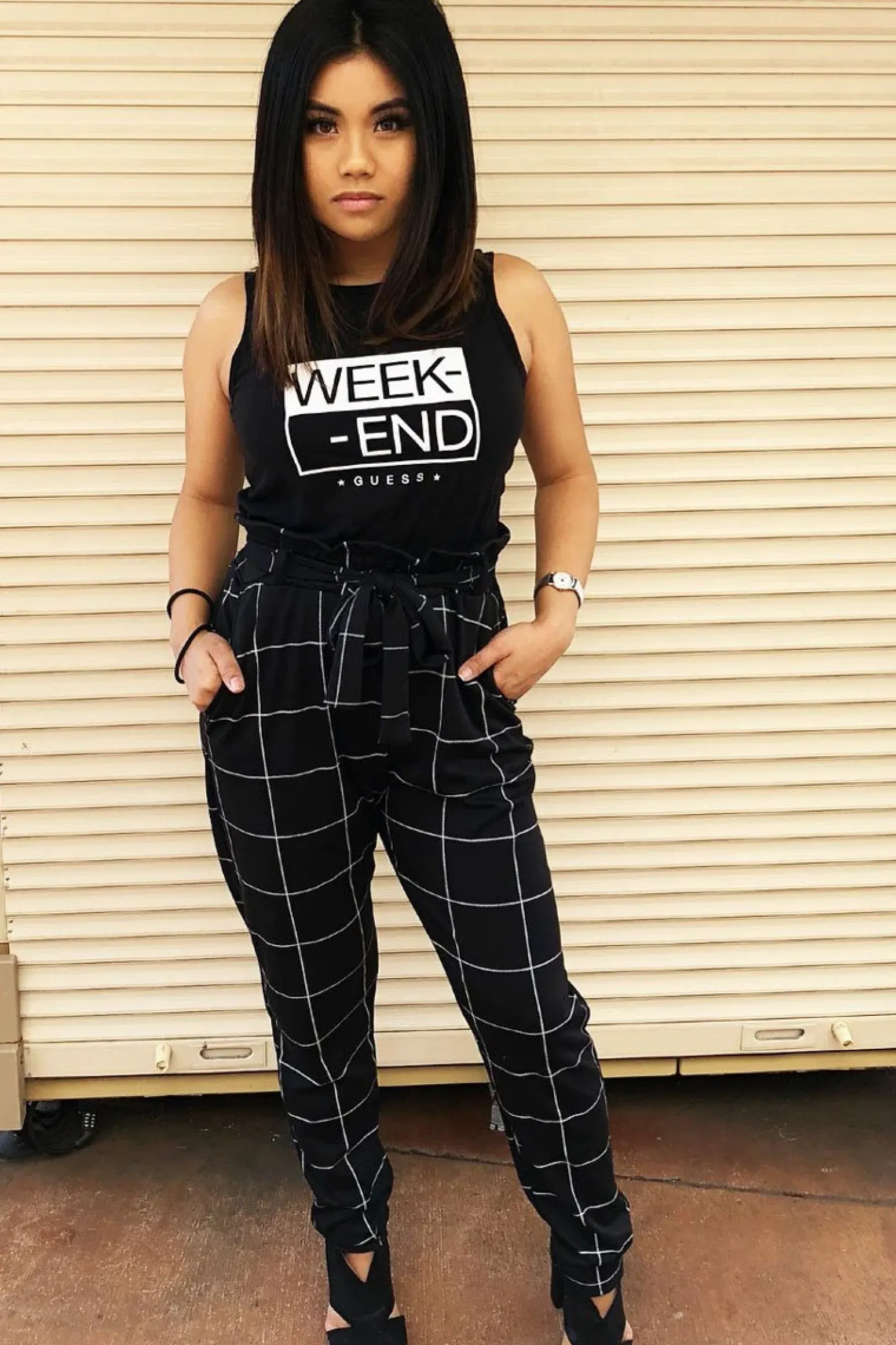 Rebellious Fashion Black Check Paper Bag Tie Waist Cigarette Trousers - Karmen