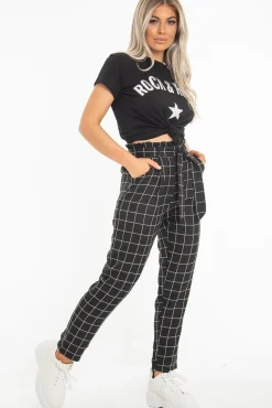 Rebellious Fashion Black Check Paper Bag Trousers - Irma