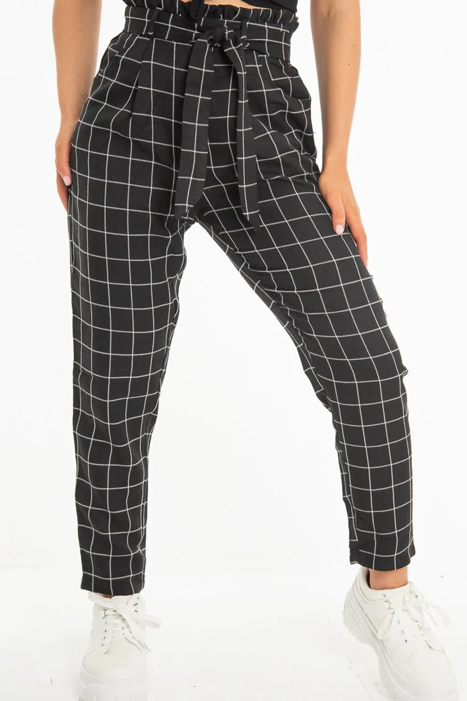 Rebellious Fashion Black Check Paper Bag Trousers - Irma