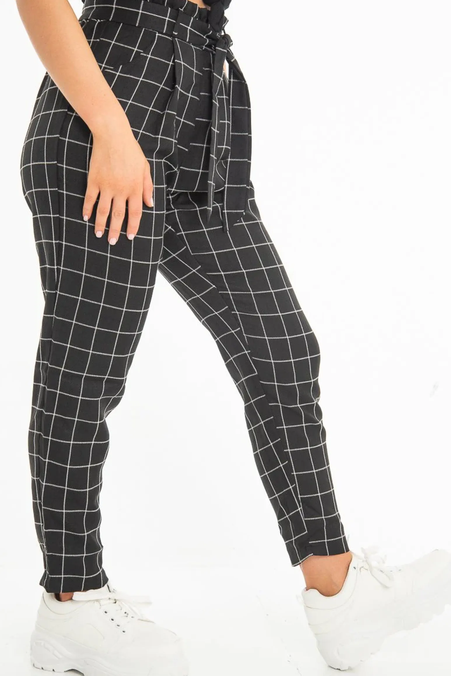 Rebellious Fashion Black Check Paper Bag Trousers - Irma