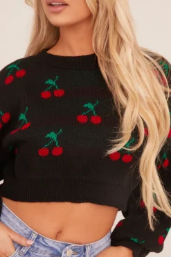 Rebellious Fashion Black Cherry Print Cropped Jumper - Emaline