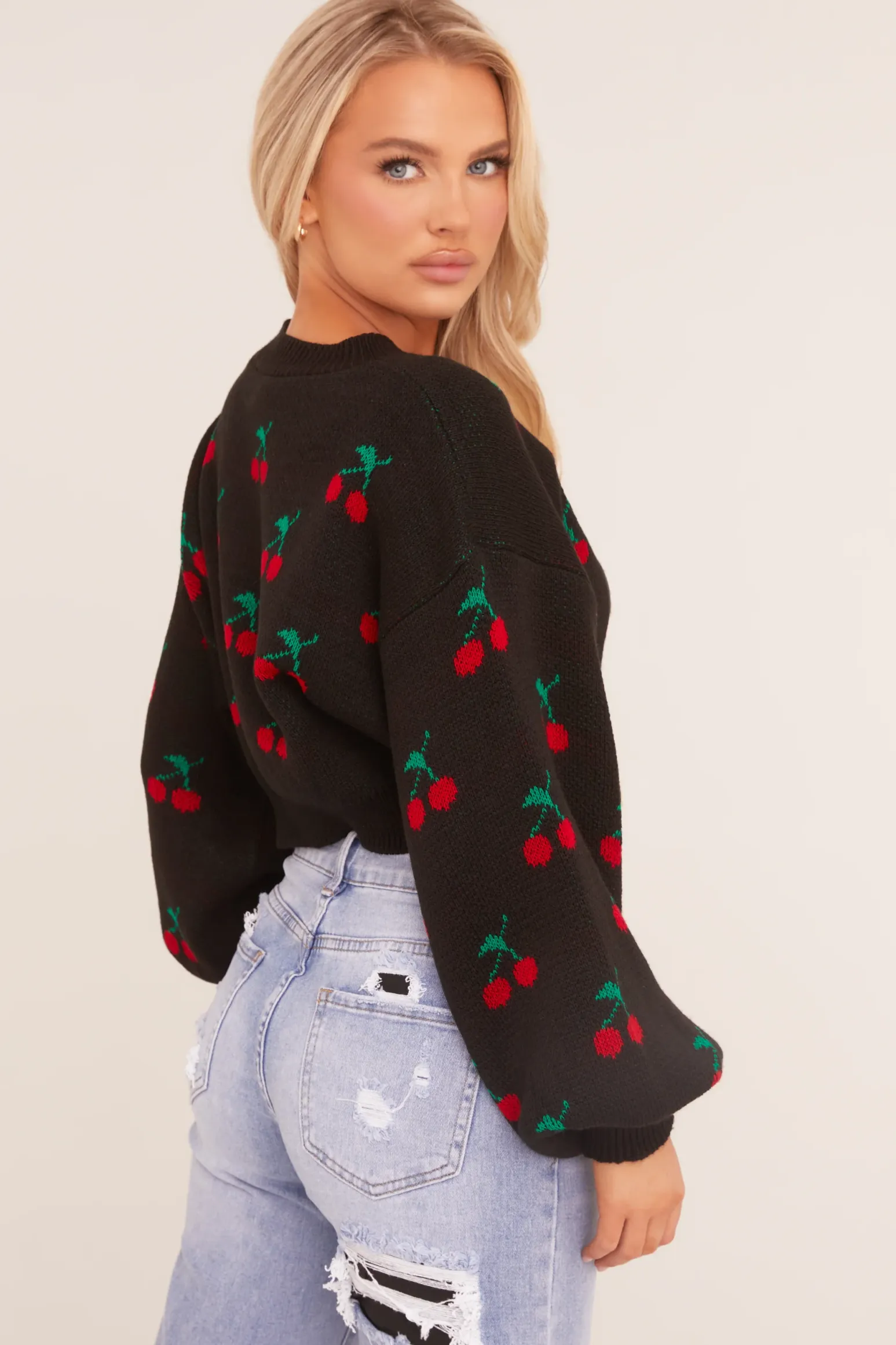 Rebellious Fashion Black Cherry Print Cropped Jumper - Emaline