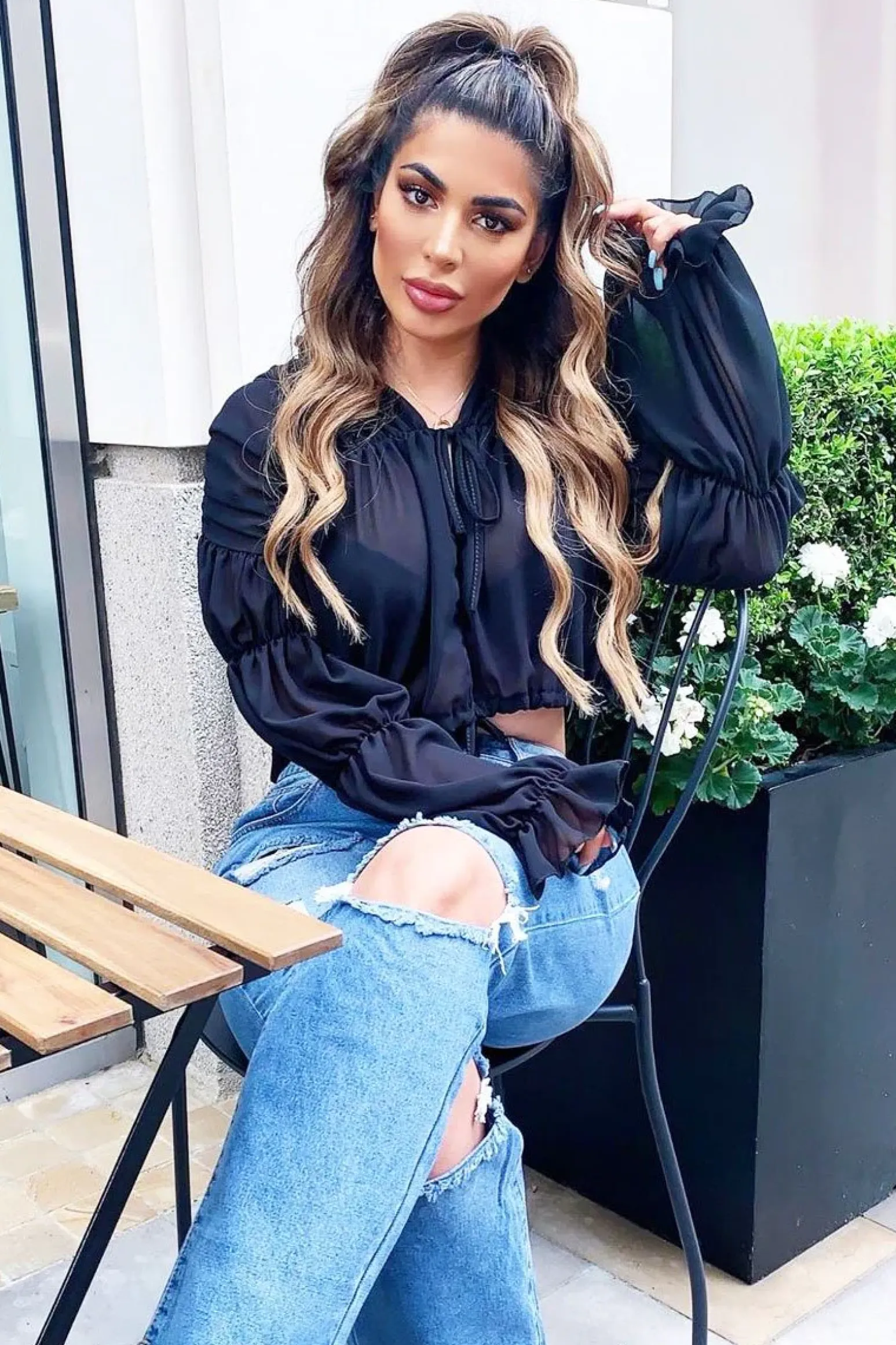Rebellious Fashion Black Chiffon Balloon Sleeve Crop Tie Front Blouse - Amelia