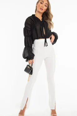 Rebellious Fashion Black Chiffon Balloon Sleeve Crop Tie Front Blouse - Amelia