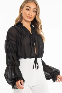 Rebellious Fashion Black Chiffon Balloon Sleeve Crop Tie Front Blouse - Amelia