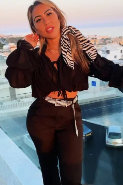 Rebellious Fashion Black Chiffon Balloon Sleeve Crop Tie Front Blouse - Amelia