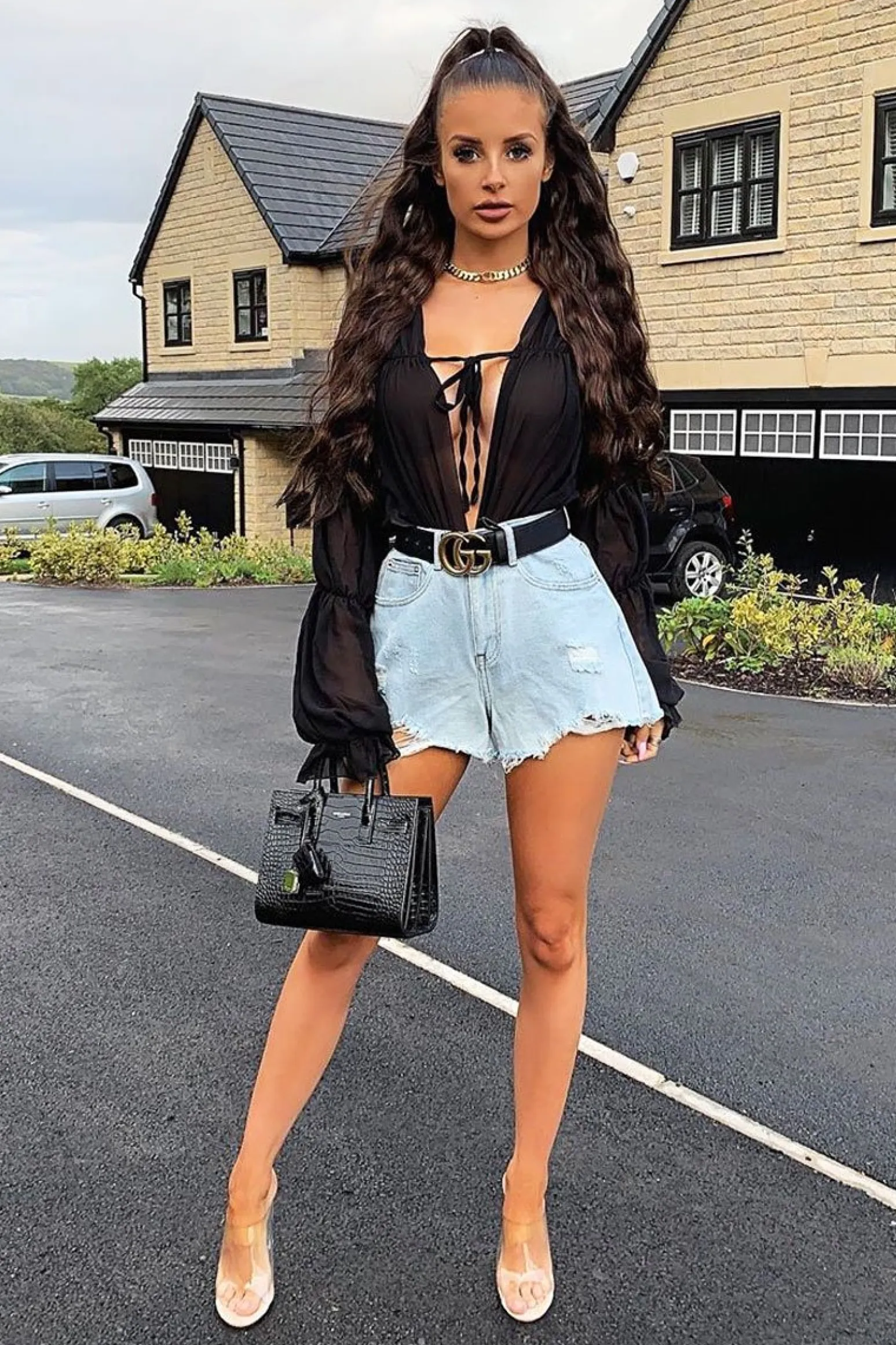 Rebellious Fashion Black Chiffon Balloon Sleeve Crop Tie Front Blouse - Amelia