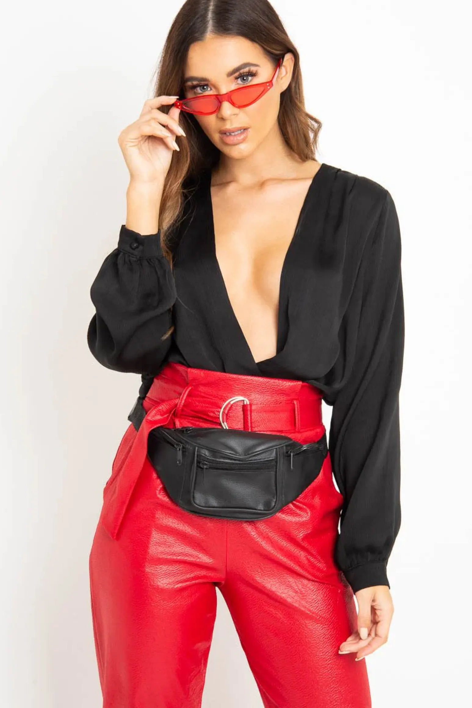 Rebellious Fashion Black Chiffon Plunge Blouson Sleeve Bodysuit - Liah