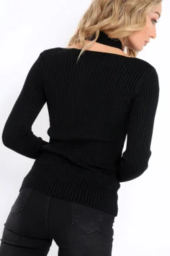 Rebellious Fashion Black Choker Twist Knit Jumper - Maya