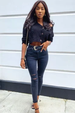 Rebellious Fashion Black Chunky Knit Button Up Crop Cardigan - Elly