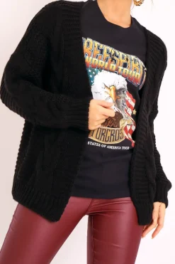 Rebellious Fashion Black Chunky Knit Cable Pattern Cardigan - Luna
