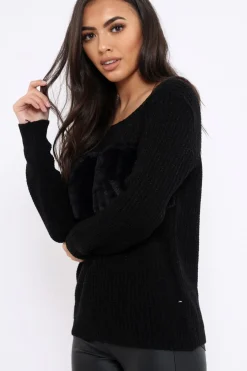 Rebellious Fashion Black Chunky Knit Faux Fur Front Panel Jumper - Ophelia