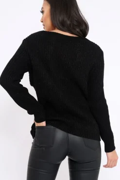 Rebellious Fashion Black Chunky Knit Faux Fur Front Panel Jumper - Ophelia