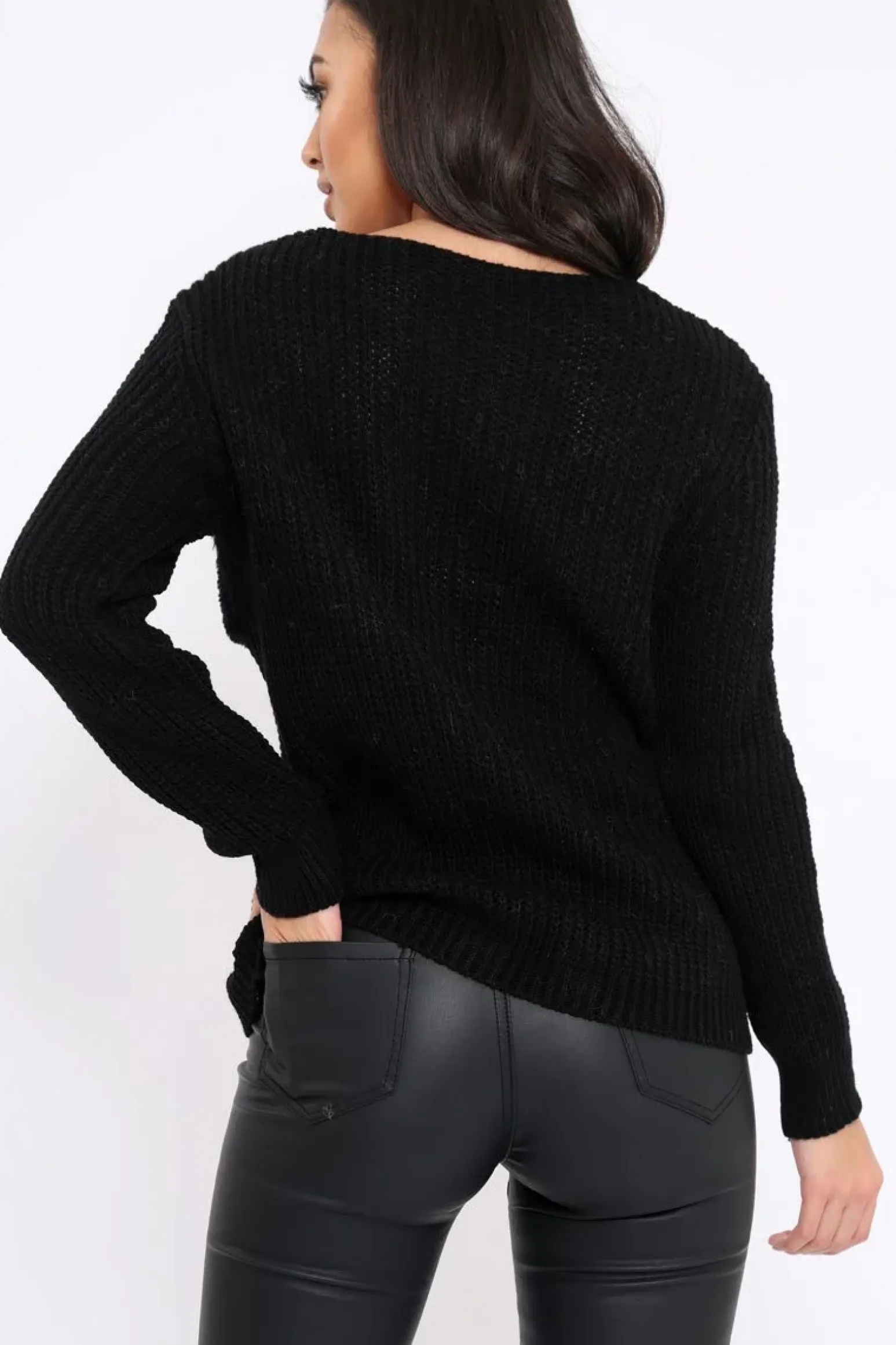 Rebellious Fashion Black Chunky Knit Faux Fur Front Panel Jumper - Ophelia