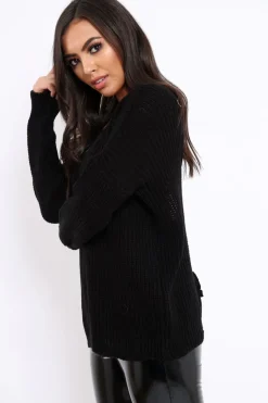 Rebellious Fashion Black Chunky Knit Lace Up Back Jumper - Perrie