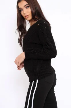 Rebellious Fashion Black Chunky Knit Lace Up Sleeve Jumper - Sarah