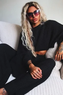 Rebellious Fashion Black Chunky Knit Loungewear Set - Harper